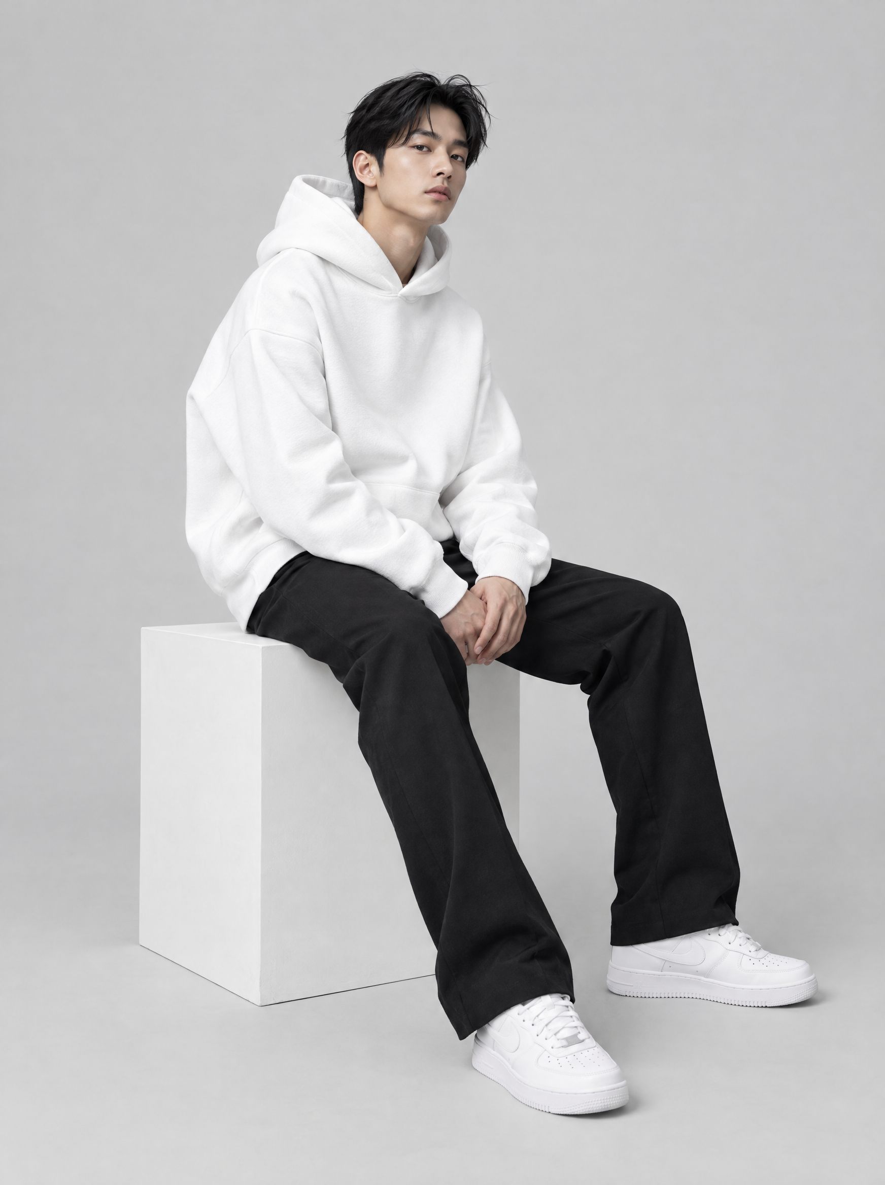 Цагаан MONVÉR hoodie өмссөн загвар өмсөгч